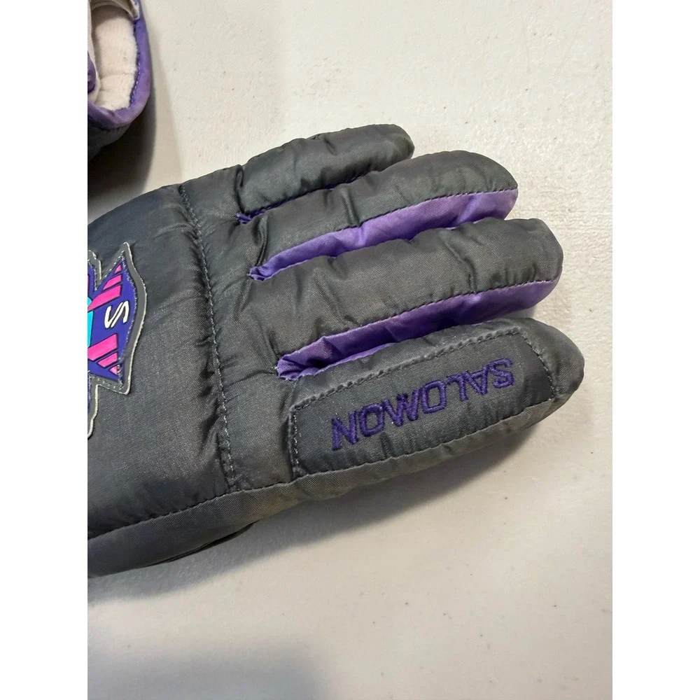 Salomon SG 700 Club Graphite Vintage Ski Gloves Grey Purple Neon‎ XS Retro 90s